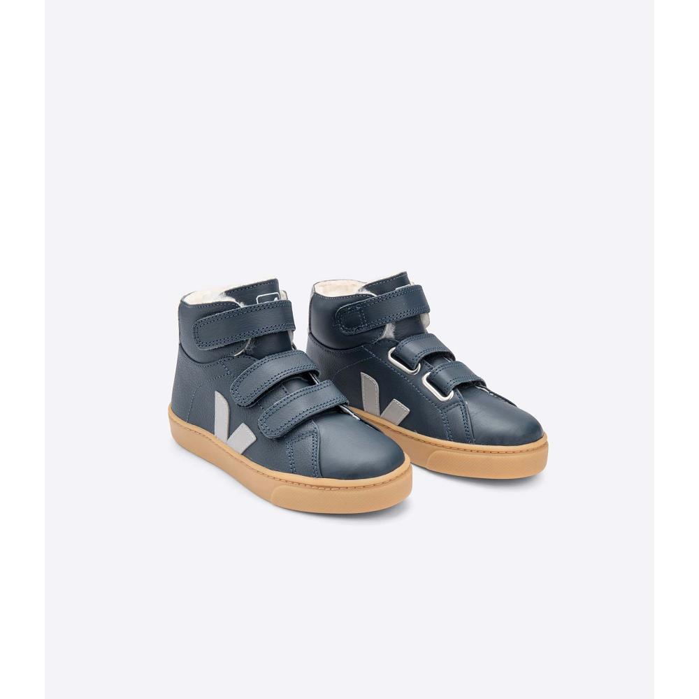 Veja ESPLAR MID FURED LEATHER Kids' High Tops Navy | CA 686EBC